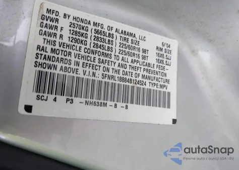 2004 Honda Odyssey Ex из США, поврежденный, VIN 5FNRL18884B124524